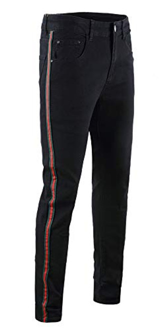 FEESON Mens Casual Ripped Jeans Skinny Stretchy Side Color Ribbon Pants Red Black