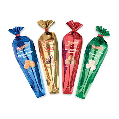 Popcornopolis Gourmet Popcorn Mini Cone Premium 24 Pack - Includes Zebra Caramel Cheddar Cheese and Kettle Corn Metallic Cone
