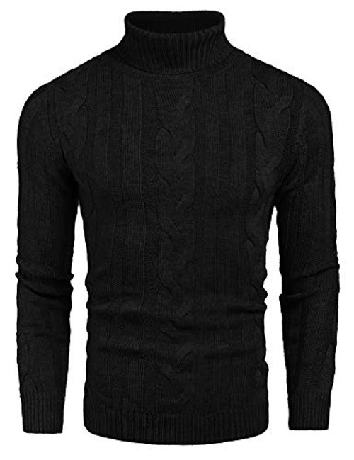 COOFANDY Mens Slim Fit Turtleneck Sweater Casual Ribbed Knitted Pullover Sweaters Black Large