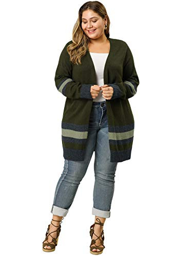 Agnes Orinda Womens Plus Size Striped Open Front Sweater Cardigan Green 4X