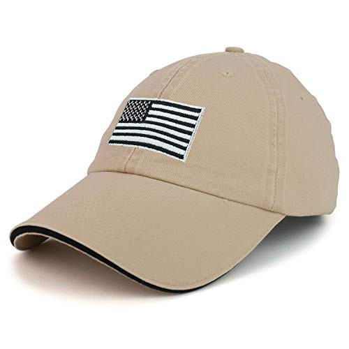 Armycrew Made in USA Soft Crown Grey American Flag Embroidered Sandwich Bill Cap - Tan Black