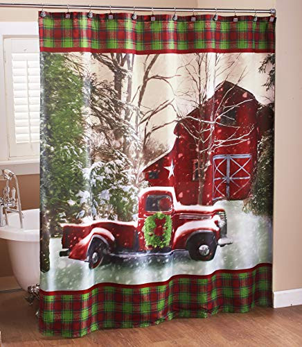 The Lakeside Collection Christmas Shower Curtain with Vintage Red Truck Barn and Holiday Trees