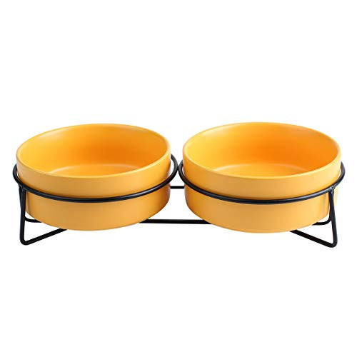 CHIDOO Ceramic Raised Cat Bowl Elevated Dog Bowl Double Yellow 29oz Food and Water Feeding Pet Dish CHIDOO Ceramic Raised Cat Bowl Elevated Dog Bowl Double Yellow 29oz Food and Water Feeding Pet Dish