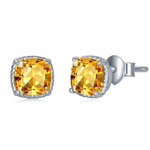 Sterling Silver Genuine Citrine Cushion Cut Square 6mm Natural Gem Birthstone Stud Earrings
