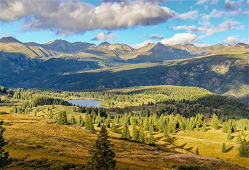 Laeacco 10x6_5FT Vinyl Backdrop Photography Background Colorado Mountain Lake Trees Nature Scenery Clouds Blue Sky Outdoor Realistic Photographic Shoot Background Photo Portraits Studio Props