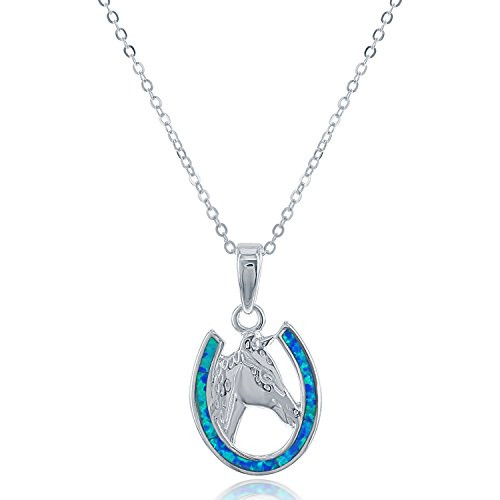 Sterling Silver Created Blue Opal Horseshoe   Horse Pendant with 18 Chain