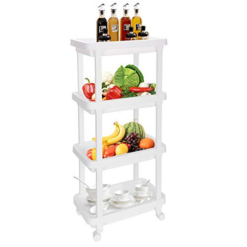 Qegeey Rolling Organizer Storage Cart 4 Tier Rolling Slim Laundry Cart Bathroom Shelves Organizer with Wheels for Bathroom Laundry Pantry Kitchen Narrow Places