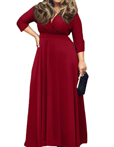 POSESHE Womens Solid V-Neck 34 Sleeve Plus Size Evening Party Maxi Dress Wine Red 5X-Large