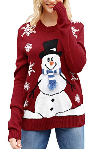 Sovoyontee Women Snowmen Knit Funny Hilarious Ugly Christmas Sweater Red-Snowmen Large