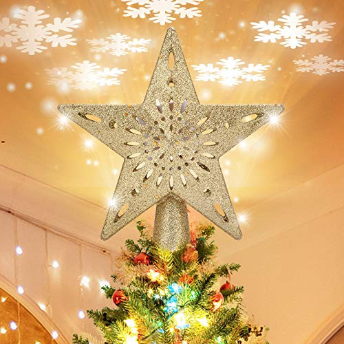 May Christmas Tree Topper Lighted Star Tree Topper with LED Rotating Snowflake Projector Lights3D Hollow Golden Star Snowflake Tree Topper for Holiday Party Xmas Tree Decorations