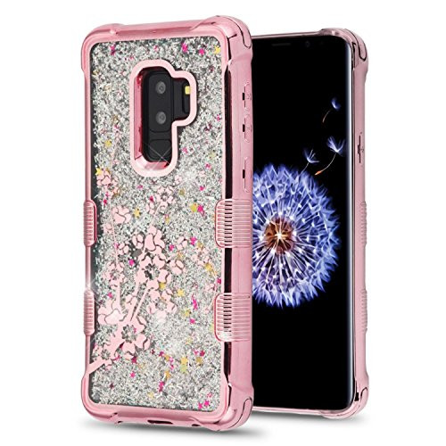 MyBat Cell Phone Case Samsung Galaxy S9 Plus - Rose Gold Spring Flowers/Silver Sparkles