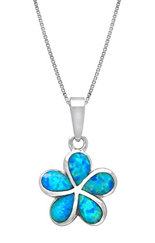 Honolulu Jewelry Company Sterling Silver Plumeria Flower Necklace Pendant with Simulated Blue Opal 19mm