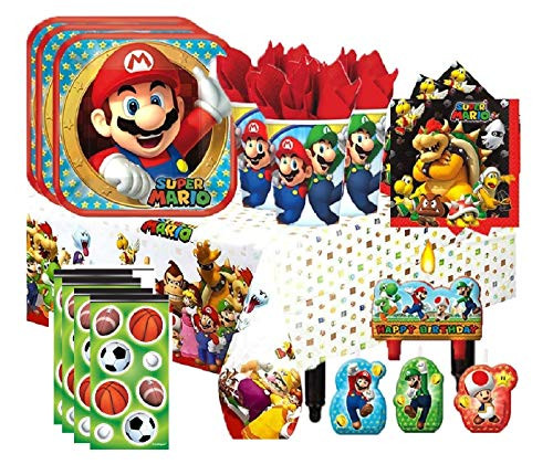 Super Mario Bros Birthday Party Supplies Bundle includes Plates Napkins Cups Table Cover Candles for Party of 16
