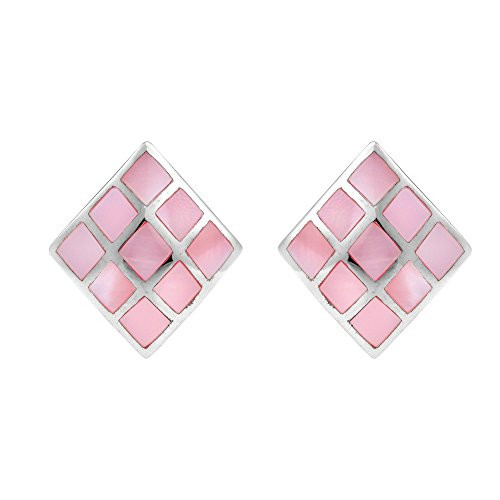 Inlay Pink Mother of Pearl Block _925 Sterling Silver Post Earrings