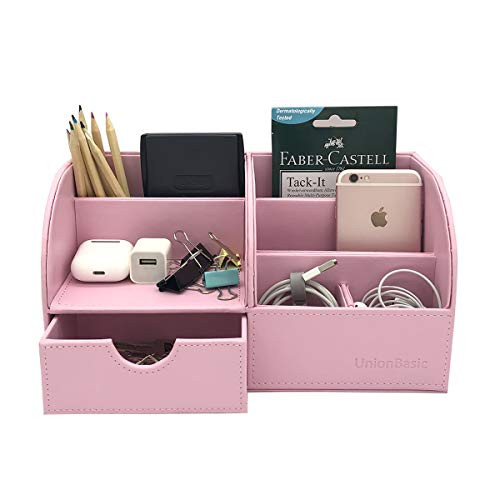 UnionBasic Multifunctional PU Leather Office Desk Organizer Business CardPenPencilMobile PhoneStationery Holder Storage Box Pink