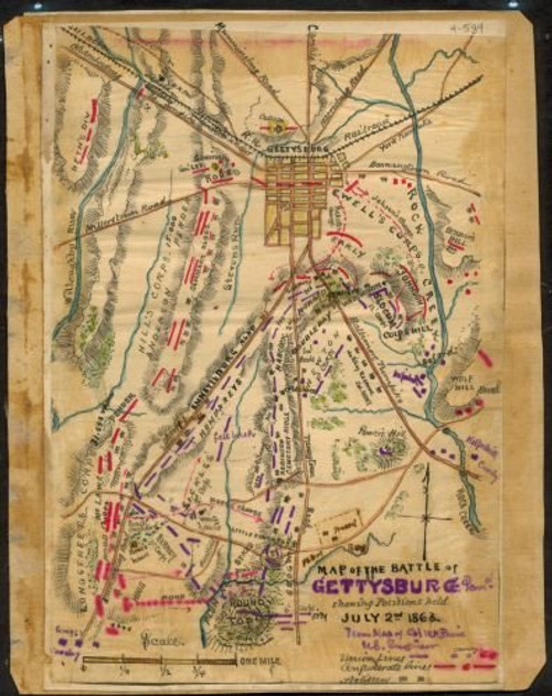 1863 Map of the Battle of Gettysburg Penna_ showing positions held July 2nd 1863_ This map shows the disposition of troops on this second day of the battle_ The designation 5 p_m_ appears slightl 1863 Map of the Battle of Gettysburg Penna_ showing positions held July 2nd 1863_ This map shows the disposition of troops on this second day of the battle_ The designation 5 p_m_ appears slightl
