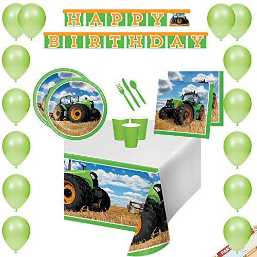 Tractor Birthday Party Supplies Decorations Banner  Balloons Tableware Plates  Napkins  Cups  Tablecloth  Cutlery  Complete Party Bundle  Serves 16