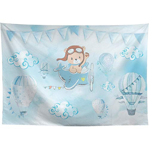 Allenjoy Blue Cartoon Bear Baby Shower Backdrop Oh The Places Youll Go Newborn Its a Boy Prince Welcome Baby Hot Air Balloons Photography Background Cake Table Banner Decor Photo Booth Props 8x6ft