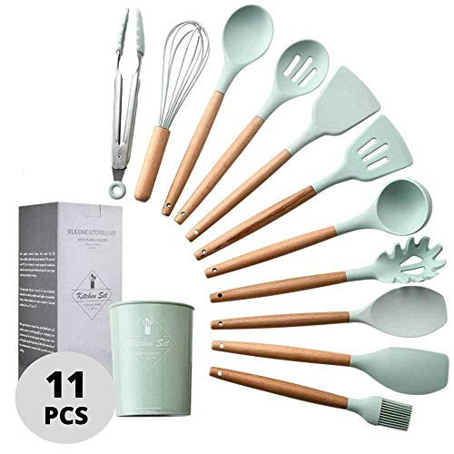 Kitchen Utensil Set Silicone with Holder and Bamboo Handles 11PCS Cooking Utensils Nonstick Spoon Turner Whisk Spatula Brush Tongs Pasta Server   Soup Ladle Cooking Tools Cookware Light Green