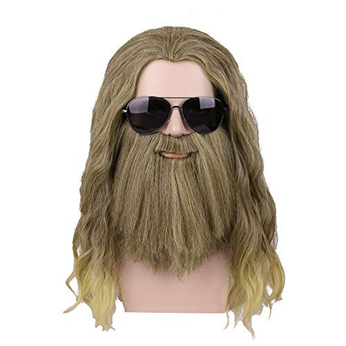 Yilys Men Long Curly Golden Brown Hair and Beard Halloween Cosplay Wig