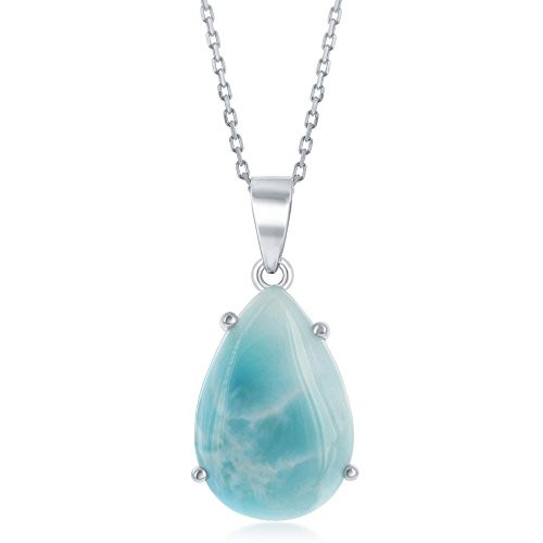 Sterling Silver High Polish Four-Prong Natural Larimar Teardrop 18 Pendant Necklace