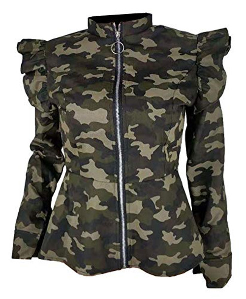 LifeShe Womens Zip up Ruffle Sleeve Peplum camo Jacket Blazers Green L