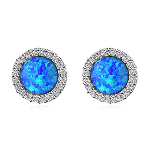 FANCIME October Birthstone 925 Sterling Silver Created Blue Opal Halo Stud Earrings Cubic Zirconia Round Shape Small Danity Fine Jewelry for Women Girls FANCIME October Birthstone 925 Sterling Silver Created Blue Opal Halo Stud Earrings Cubic Zirconia Round Shape Small Danity Fine Jewelry for Women Girls
