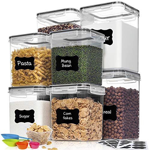 HOOJO Flour Sugar Containers Set 8 Piece Airtight Food Storage Containers with Lids for Cereal and Dry Food Large Plastic Storage Containers for Kitchen Pantry Organization BPA Free -Black