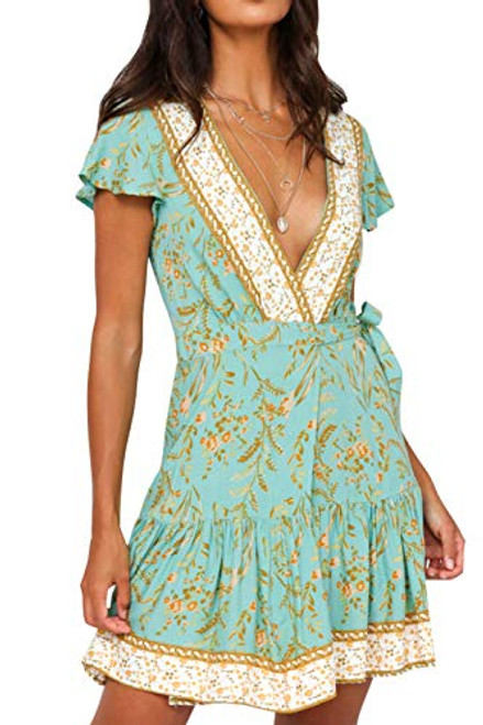 ZESICA Womens Summer Wrap V Neck Bohemian Floral Print Ruffle Swing A Line Beach Mini Dress Mint