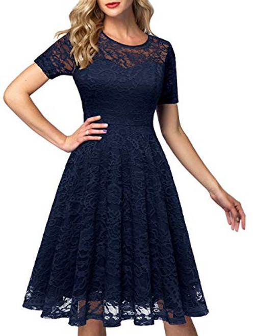 AONOUR Womens Lace Cocktail Dresses Elegant Swing Dress Bridesmaid Party Dress with Short Sleeve Navy M