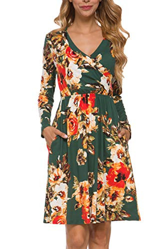 LAINAB Womens Fall Casual Flower Long Sleeve Wrap T Shirt Dress with Pockets Green S