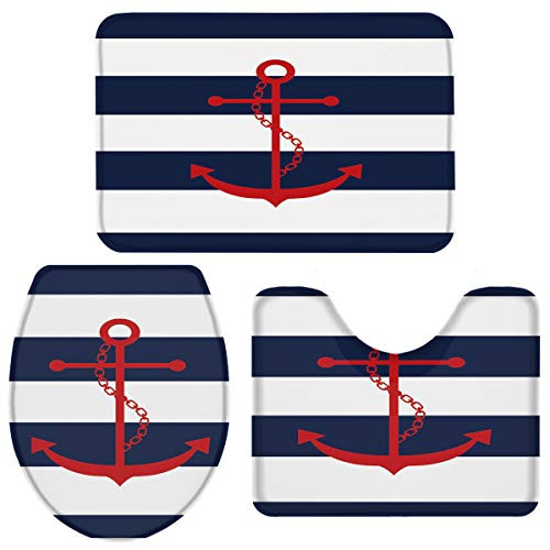Queenker 3 Pieces Bath Rug Set Toilet Seat Cover Red Anchor Navy Blue and White Stripe Print Contour Rug Pedestal Mat and Toilet Lid Cover?Non-Slip Bathroom Floor Mat 20x3116x1816x20