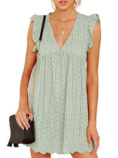 Ofenbuy Womens Lace Embroidery Hollow Out V Neck Ruffles Cap Sleeve Elegant Casual Babydoll Short Dress Green Ofenbuy Womens Lace Embroidery Hollow Out V Neck Ruffles Cap Sleeve Elegant Casual Babydoll Short Dress Green