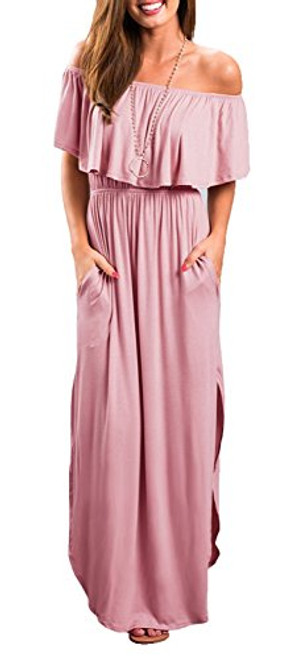 LILBETTER Womens Off The Shoulder Empire Waist Maxi Dresses Long Dresses with Pockets Dusty Pink Small LILBETTER Womens Off The Shoulder Empire Waist Maxi Dresses Long Dresses with Pockets Dusty Pink Small