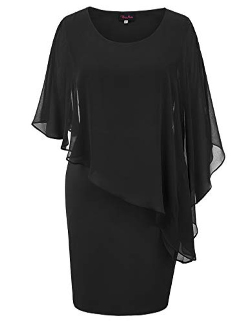 Hanna Nikole Womens Plus Size Chiffon Poncho Slit Sleeve Pencil Overlay Mini Dress Black 16W