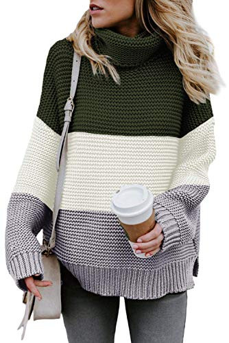 ANFTFH Turtleneck Chunky Knit Sweater for Women Oversized Knit Color Block Cute Winter Sweater Pullover Green M