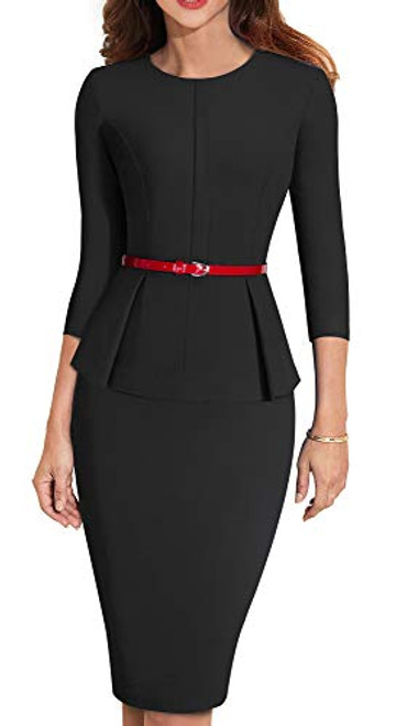 HOMEYEE Womens 34 Sleeve Office Wear Peplum Dress with Belt B473 4 Black