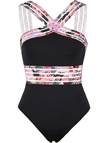 Hilor Womens One Piece Swimwear Front Crossover Swimsuits Hollow Bathing Suits Monokinis Black Pink Floral XLUS14