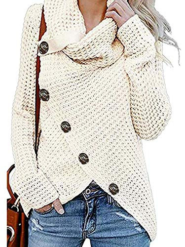 Kidsform Womens Chunky Turtle Cowl Neck Button Sweater Asymmetric Hem Wrap Pullover Sweater Coat White M