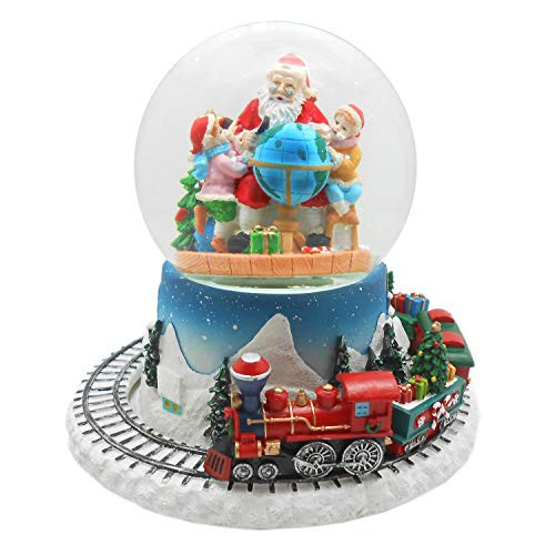 Lightahead Musical Christmas Santa with Children Figurine Water Ball Snow Globe with The Inside Figurine and Outside Train Revolving in polyresin