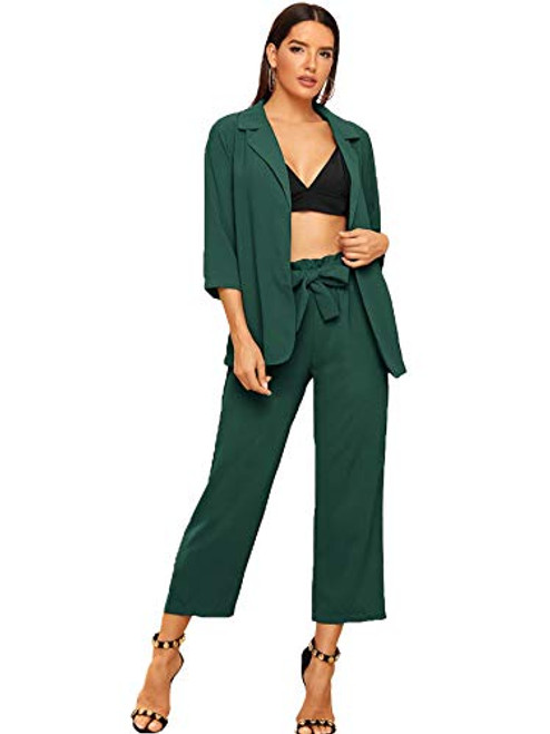 SheIn Womens 2 Piece Outfit Notched Neck 34 Sleeve Blazer and Wide Leg Belted Pants Set Small Green