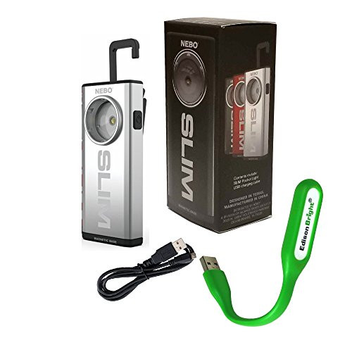 Nebo SLIM 500 lumen rechargeable pocketkeychain light 6694 with EdisonBright USB powered reading light bundle Silver