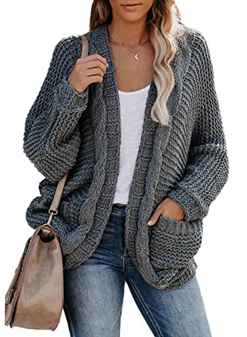 Astylish Womens Plus Size Winter Warm Cozy Open Front Solid Loose Long Sleeve Chunky Cable Knited Cardigan Sweater with Pockets Gray Plus Size XX-Large