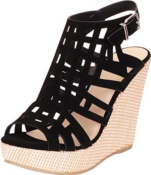 Cambridge Select Womens Laser Cutout Caged Slingback Chunky Platform Wedge Sandal 10 BM US Black NBPU