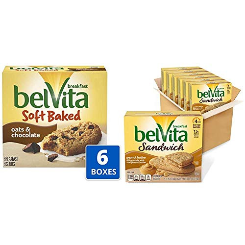 belVita Soft Baked Oats   Chocolate Breakfast Biscuits 6 Boxes of 5 Packs 1 Biscuit Per Pack   Sandwich Peanut Butter Breakfast Biscuits 6 Boxes of 5 Packs 2 Sandwiches Per Pack