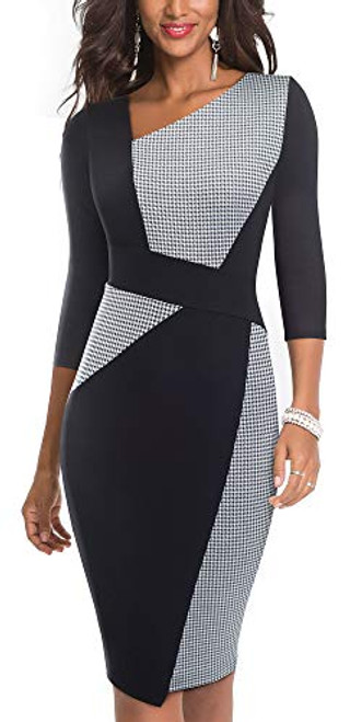 HOMEYEE Women Vintage Contrast Color Patchwork Work Business Dress B51712HoundstoothBlack-34 Sleeve HOMEYEE Women Vintage Contrast Color Patchwork Work Business Dress B51712HoundstoothBlack-34 Sleeve