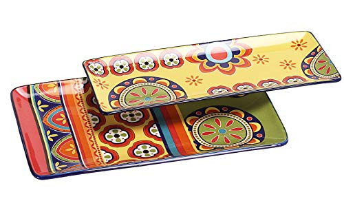 Bico Tunisian Ceramic 14 inch Rectangular Serving Platter Set of 2 for Serving Salad Pasta Cheese Ham Appetizer Microwave   Dishwasher Safe