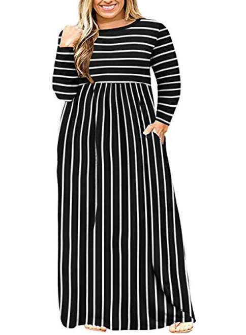 LONGYUAN Women L-6XL Long Sleeve Casual Plus Size Maxi Dress with Pockets 3XLBlack White Stripe