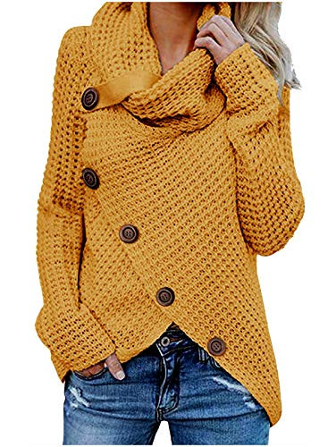 TEMOFON Womens Casual Turtle Cowl Neck Sweater Long Sleeve Button Asymmetric Hem Wrap Pullover Sweaters Tops Yellow S