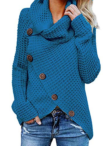 TEMOFON Womens Casual Turtle Cowl Neck Sweater Long Sleeve Button Asymmetric Hem Wrap Pullover Sweaters Tops Blue L